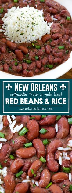 red beans and rice in a white bowl with the words new orleans authentic from 4 north local restaurants