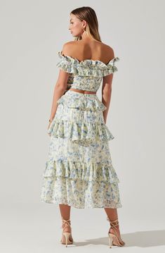 Tiered ruffle midi skirt Side pockets Concealed zipper closure on back with hook & eye closure Fully lined Self: 80% Lyocell, 20% Nylon / Lining: 100% Cotton Dry clean only Style #ACS9170 Off Shoulder Floral Top, Summer Wedding Guests, Floral Wedding Dress, Black Sweater Dress, Astr The Label, Blue Ivory, Ruffle Skirt, Tiered Skirt, Ruffle Top