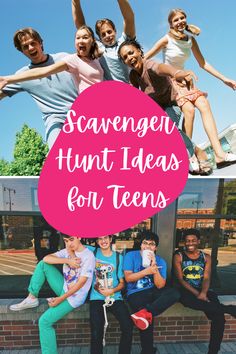 several people are posing in front of a building with the words scavenger hunt ideas for teens