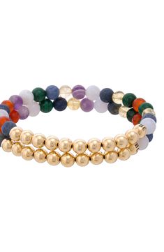 Seek a calm, clear mind with this pair of stretch bracelets showcasing a soothing mix of crystals, polished stones and 14k-gold-plated beads. Set of two bracelets 14k-gold plate/agate Made in the USA Spiritual Stackable Yellow Gold Bracelets, Elegant Gold Crystal Bracelet For Meditation, Gold Stackable Beaded Bracelets For Healing, Spiritual Yellow Gold Hand-strung Beaded Bracelets, Gold Spiritual Stretch Bracelet With Gemstone Beads, Elegant Stackable Meditation Jewelry, Gold Bracelets With Polished Beads For Healing, Gold Beaded Bracelets With Natural Stones For Meditation, Gold Stretch Bracelet With 8mm Beads For Meditation