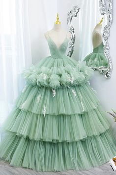 Ethereal Sage Green Layered Tulle Ball Gown Prom Dress Green, Long Ball Gown, Green Evening Gowns, A Line Prom Dress, Formal Evening Gown, Green Tulle, Purple Prom Dress, A Line Prom Dresses, Gown Prom