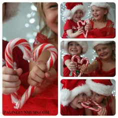 a collage of pictures with candy canes and santa's hats on them