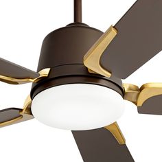 a ceiling fan with two blades and a light on the top one is dark brown