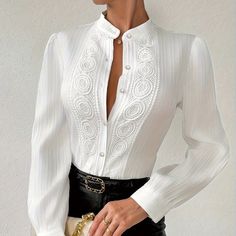 This Elegant Blouse Is Made Of A Lightweight Fabric That Is Both Soft And Comfortable. It Features A Single-Breasted Front, Long Sleeves, And A Lace Splicing That Adds A Touch Of Femininity. The Textured Solid Pattern Creates A Sophisticated Look That Is Perfect For Any Occasion. Size L/8-10 Bust 37.4-39.8 Waist 29.6-31.9 Material: Polyester Details: Contrast Lace Pattern: Solid Color Applicable People: Adult Sheer: No Type: Shirting Season: Spring/Fall Operation Instruction: Machine Wash, Do No White Lace Shirt, Lantern Sleeve Top, Lantern Sleeved Blouses, Shirt Blouses Women's, Pleated Blouse, Elegant Shirt, Lace Shirt, Lantern Sleeve, Fashion Mode