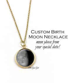 "Tell us a date that is special to you (birthday, anniversary, etc) and we'll create a moon phase charm from that night. Perfect gift for Mom or Grandma for Mother's Day, Wife or Girlfriend for Valentine's Day, Daughter for her birthday, etc! IMPORTANT: Please leave your dates in the personalization box. Please include the dates in these two formats to help ensure accuracy, example: January 28, 2005 & 01/28/2005 (MM/DD/YYYY). We use specific moon phase charts to calculate the birth moon, oth Moon Phase Pendant Necklaces For Anniversary, Adjustable Moon Phase Necklace For Gift, Yellow Gold Moon Shaped Jewelry With Birthstone, Mother's Day Gift Necklaces With Moon Charm, Mother's Day Necklace With Moon Charm, Personalized Adjustable Moon Shaped Jewelry, Round Moon Charm Jewelry For Mother's Day, Adjustable Personalized Moon-shaped Jewelry, Anniversary Moon Charm Jewelry For Mother's Day