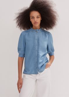 The versatility of a denim shirt is translated to ME+EM's Blue Chambray Blouse, crafted from lightweight cotton in a chambray-blue hue for a new take on the wardrobe staple. Ankle Sleeve, Simple Texture, Feminine Blouses, Fabric Tape, Now And Forever, Cotton Blouses, Blue Blouse, Blue Hues, Denim Shirt