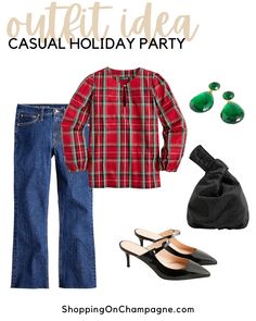 Casual Christmas Party Outfit for Women in Jeans! Start with a plaid blouse and pair it with dark denim jeans, emerald green drop earrings, a chic little black bag, and black mule heels. Casual Christmas Party Outfit For Women, Casual Christmas Party, Casual Christmas Party Outfit, Casual Holiday Party, Black Mule, Party Outfits For Women