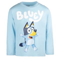 a blue shirt with an image of a dog on the front and words that say bluey