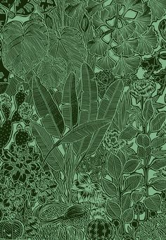 a green and black floral background with lots of flowers, leaves and plants in the foreground