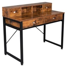 an old wooden desk with metal legs and drawers