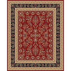 a red and black rug with an ornate border