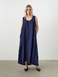 "Easily the most relaxed summer dress out there. Offered in medium-weight and exclusive linen. If you're interested in a knee-length option, check our dress OLIVIA. STYLE DETAILS * Relaxed fit * Scoop neck * Trapeze silhouette * Sleeveless * Side pockets * Maxi length, longer at the back * French seams inside * Made from medium-weight and exclusive linen. SIZES & COLORS IN THE PICTURES * Model is wearing size L in Midnight Blue (medium) linen. Model's height - 176 cm (5'9\"), bust - 83 cm (32.7\ Everyday Blue Dresses With Pockets, Everyday Blue Dress With Pockets, Summer Daywear Maxi Dress With Pockets, Oversized Linen Maxi Dress Casual Style, Oversized Linen Casual Maxi Dress, Oversized Linen Maxi Dress In Casual Style, Summer Cotton Dresses With French Seams, Cotton Maxi Dress With Relaxed Fit, Unlined, Summer Linen Dress With French Seams For Daywear