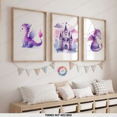 three framed pictures hang on the wall above a bench with pillows and pillows in front of them