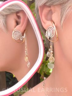 Gold & Silver unpierced earrings non-pierced by UnusualEarrings Gold Dangle Ear Cuff Single Earring, Gold Dangle Pierced Ear Cuff, Elegant Dangle Clip-on Ear Cuff, Elegant Clip-on Dangle Ear Cuff, Dangle Clip-on Ear Cuff For Gift, Unique Gold Dangle Clip-on Earrings, Elegant Spiral Ear Cuff, Spiral Ear Cuff, Elegant Spiral Single Ear Cuff