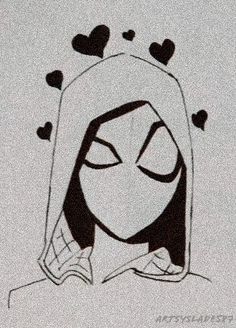 a drawing of a woman wearing a hoodie with hearts above her head and eyes