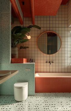 Pop Of Color Bathroom, Orange Tile Bathroom, 60’s Bathroom, Colourful Bathroom Ideas, Bathroom Ideas Colorful, Colorful Toilet, Terracotta Bathroom, Colourful Bathroom