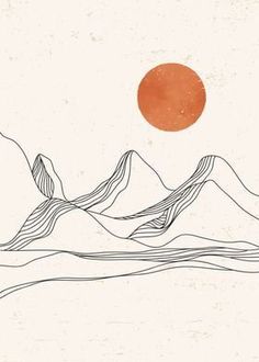 a drawing of mountains with the sun in the background