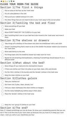 #cleaning #room #aesthetic Declutter Your Room Checklist, Declutter Room Checklist, Tips For Tidying Your Room, Deep Clean Your Room Checklist, Steps To Tidy Your Room, How To Clear Out Your Room, How To Deep Deep Clean Your Room, Bedroom Organization Checklist, Clean Your Room Guide