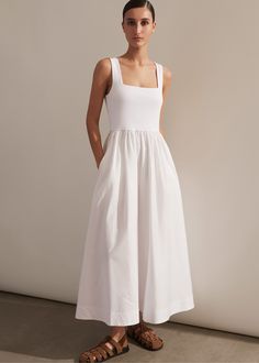 With the ease of a tank top and the polish of a cotton skirt, ME+EM's White Mixed Media Square Neck Maxi Dress is granted styling versatility and dawn-to-dusk adaptability. Shop now. Spring Cotton Maxi Dress With Relaxed Skirt, Elegant Summer Dress For Everyday, Sleeveless Spring Dress With Relaxed Skirt, Elegant Summer Midi Dress For Everyday, Elegant Everyday Summer Midi Dress, Spring Daywear Dress With Relaxed Skirt, Sleeveless Summer Maxi Dress For Everyday, Relaxed Skirt Spring Dresses For Daywear, Casual Sleeveless Dress With Relaxed Skirt