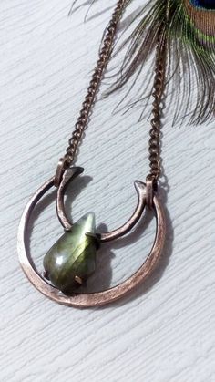 Crescent Moon Necklace With Chain Labradorite Pendant Wire | Etsy Mystical Hand Forged Copper Necklaces, Mystical Hand Forged Copper Necklace, Bohemian Moon Phase Copper Jewelry, Unique Crescent Shaped Copper Jewelry, Bohemian Copper Necklace With Moon Charm, Wiccan Necklace, Half Moon Necklace, Witch Jewelry, Crescent Moon Necklace