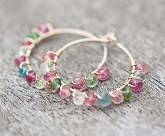 Hoop Earrings Colorful Tourmaline Luxury 14K Gold by daimblond, €33.00 Handmade Multicolor 14k Gold Filled Jewelry, Pink Wire Wrapped 14k Gold-filled Jewelry, Wire Wrapped Tourmaline Jewelry For Jewelry Making, Crafty Jewelry, Rainbow Tourmaline, Etsy Jewelry Handmade, Minnie Mouse Earrings, Diy Earring, Tourmaline Earrings