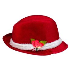 Red and white fedora one size women Santa hat. Features white plush band with holly berries. Recommended for ages 15 years and up Red Fedora Hat, Holly Flower, Red Fedora, White Fedora, Holly And Berries, Christmas Santa Hat, Holiday Hats, Fun World, Christmas Central