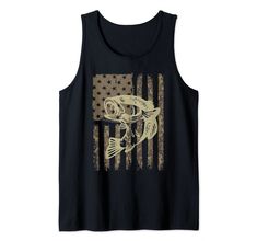 a black tank top with an american flag and fish on the front, in gold foil