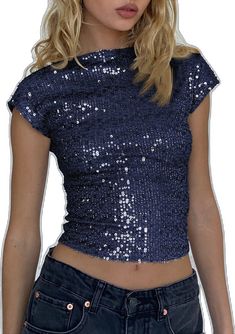 Navy Going Out Top, Blue New Years Outfit, Blue Sparkle Outfit, Blue Glitter Outfit, Glitter Top Outfit Party, Blue Holiday Outfit, Simple Birthday Outfit Women, Blue Christmas Outfit, Midnights Outfit Ideas