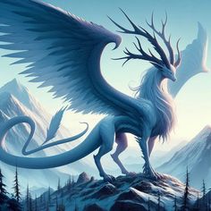 a white dragon standing on top of a mountain