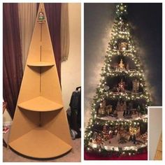 a cardboard christmas tree with lights on it and a photo of the top one in full view