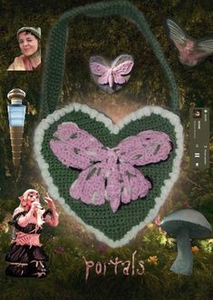 a crocheted bag with pink and green butterflies on it, surrounded by photos of women