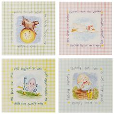 four cards with pictures of animals and words on them, all in pastel colors