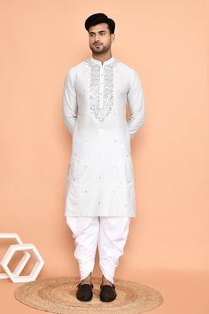 `Grey straight kurta with ditsy floral mirror and thread embroidery. Paired with solid cream patiyala. - Aza Fashions Silver Traditional Wear With Resham Embroidery For Diwali, Diwali Silver Traditional Wear With Resham Embroidery, Unstitched Silver Kurta With Resham Embroidery, Silver Traditional Wear With Chikankari Embroidery, White Chanderi Sherwani With Mirror Work, Traditional Silver Salwar Kameez With Resham Embroidery, Traditional Silver Kurta With Resham Embroidery, Traditional Silver Salwar Kameez For Eid, Traditional Silver Salwar Kameez For Festive Occasions