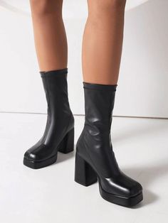 Style:Elegant \nClosure Type:Slip on \nType:Sock Boots \nSize Fit:True To Size \nColor:Black \nPattern Type:Plain \nToe:Square Toe \nHeel Height:High Heel \nHeels:Chunky \nBoots Height Type:Mid Calf Boots \nUpper Material:PU Leather \nLining Material:Polyester \nInsole Material:Polyester \nOutsole Material:Rubber \n Strap High Heels, Platform Heels Boots, Boots Square Toe, Chunky Heel Pumps, Ankle Strap High Heels, Sock Boots, Stil Elegant, Platform Block Heels, Square Toe Heels