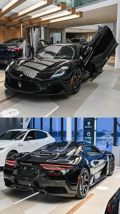 two pictures of different cars in a showroom, one is black and the other is white