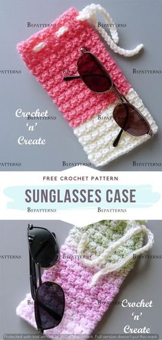 two crocheted glasses case with sunglasses on top and the words, free crochet pattern sungglass case