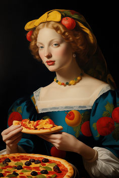 a painting of a woman holding a pizza