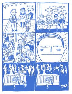 a blue and white comic strip with an image of a man in the center surrounded by people