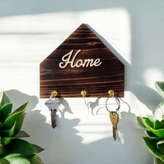 a house shaped key holder with the word home on it and two keys hanging from hooks