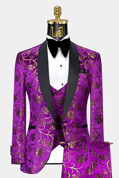 Royal Purple and Gold Tuxedo - 3 Piece | Gentleman's Guru Purple Suits For Men, Floral Tuxedo, Unique Coats, Purple Tuxedo, Gold Tuxedo, Tuxedo Prom, Purple And Gold Wedding, White Pocket Square, Wedding Tux