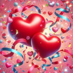 two hearts surrounded by streamers and confetti on a pink background with ribbons