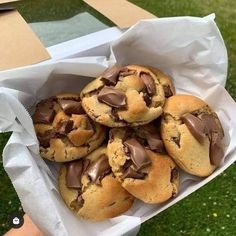 a box filled with chocolate chip cookies on top of a green field