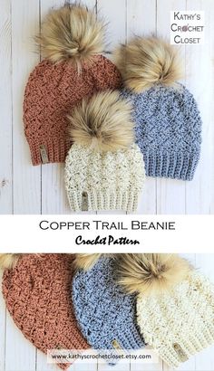 four crocheted hats with pom - poms on them and the words copper trail beanie written below