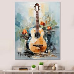 an abstract painting of a guitar with roses on the top and bottom, in front of a white wall