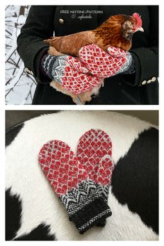 two pictures with gloves and a chicken in the middle one has a heart on it