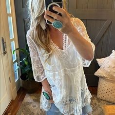 #ad Premium Quality L New White Lace Crochet Boho Tunic Blouse Top Deep V-Neck Womens LARGE / OS, Fashion Tops Casual V-neck Blouse With Lace Patchwork, Summer V-neck Tops With Crochet Lace, Lace V-neck Top With Crochet Trim, Summer Crochet Lace V-neck Top, V-neck Tops With Crochet Trim For Vacation, V-neck Crochet Lace Top, V-neck Lace Tops With Lace Patchwork, Lace V-neck Top With Lace Patchwork, Spring V-neck Blouse With Crochet Lace