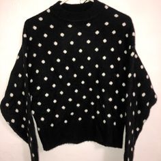 H&M Polka Dot Sweater. Very Comfy, Never Worn. Trendy Black And White Winter Tops, H&m Black Casual Sweater, Casual Black H&m Sweater, H&m Black Sweater For Fall, Black H&m Sweater For Fall, Pink Crew Neck Sweater, Owl Sweater, Fuzzy Pullover, Sparkly Sweater