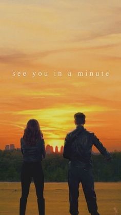 two people standing in front of an orange sky with the words see you in a minute