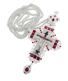 Silver Crystallized Red Zircons Clergy Crucifix Pendant Pectoral Cross with red crystallized glass elements and Jesus Christ Illustration on silver Crucifix covered in small clear crystals. Beautiful 18k gold plated Cross with a long 21" chain necklace hangs for the perfect wearing length. Clergy Cross pendant length (H X W) : 15 cm x 7.5 cm / 5.9" x 3" , Chain Length : 52 cm / 21". Packed in a beautiful gift box with a velvet base to provide extra protection. Christian Priest Bishop Cross Can b Jesus Christ Illustration, Pectoral Cross, Spiritual Gifts, Long Chain, Beautiful Gift Boxes, Cross Pendant, Clear Crystal, Chain Length, Jesus Christ