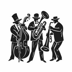 a black and white drawing of three men playing instruments 1920 New Orleans, Jazz Musician Aesthetic, Jazz Band Poster, New Orleans Graphic Design, New Orleans Jazz Aesthetic, New Orleans Illustration, Stem Classroom Setup, Jazz Font, New Orleans Night